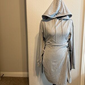 Gray Hooded Dress with Side Ties